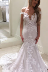 Long Off-the-Shoulder Mermaid White Wedding Dress with Lace Long Off-the-Shoulder Mermaid White Wedding Dress with Lace