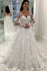 Long Sleeves A-line V-Neck Ivory Wedding Dress with Appliques Long Sleeves A-line V-Neck Ivory Wedding Dress with Appliques