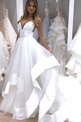 Long V-Neck A-line Straps White Wedding Dress with Ruffles Long V-Neck A-line Straps White Wedding Dress with Ruffles