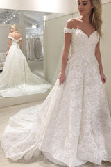 Princess Long A-line Off Shoulder White Wedding Gown with Appliques Princess Long A-line Off Shoulder White Wedding Gown with Appliques