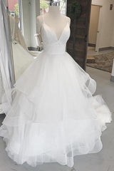 Long V-Neck A-line Straps White Wedding Dress with Ruffles Long V-Neck A-line Straps White Wedding Dress with Ruffles