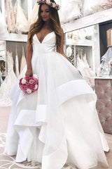 Long V-Neck A-line Straps White Wedding Dress with Ruffles Long V-Neck A-line Straps White Wedding Dress with Ruffles
