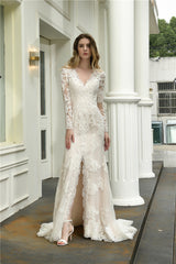 Princess A-Line Long Sleeves Ivory Wedding Dress with Slit-Front Princess A-Line Long Sleeves Ivory Wedding Dress with Slit-Front