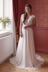 A-line Cap Sleeves White Chiffon Wedding Dress with Lace A-line Cap Sleeves White Chiffon Wedding Dress with Lace