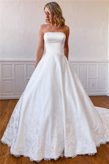 Lace Appliques Long Strapless White Wedding Dress with Pockets Lace Appliques Long Strapless White Wedding Dress with Pockets