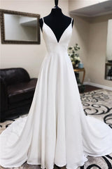 Sheath Deep V-Neck Long White Wedding Dress with Lace Back Sheath Deep V-Neck Long White Wedding Dress with Lace Back