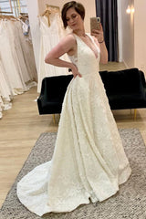 V-Neck A-line Ivory Long Wedding Dress with Lace V-Neck A-line Ivory Long Wedding Dress with Lace