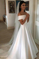 A-line Off-the-Shoulder White Satin Wedding Dress A-line Off-the-Shoulder White Satin Wedding Dress