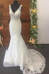 Mermaid V-Neck Long White Lace Wedding Dress with Train Mermaid V-Neck Long White Lace Wedding Dress with Train