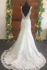 Mermaid V-Neck Long White Lace Wedding Dress with Train Mermaid V-Neck Long White Lace Wedding Dress with Train
