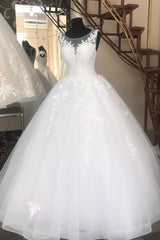 A-line Jewel Poofy Long White Wedding Dress with Lace Appliques A-line Jewel Poofy Long White Wedding Dress with Lace Appliques