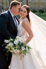 V-Neck Lace Back White Wedding Dress with Appliques V-Neck Lace Back White Wedding Dress with Appliques