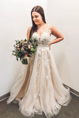 Long V-Neck A-line Ivory Wedding Dress with Lace Appliques Long V-Neck A-line Ivory Wedding Dress with Lace Appliques