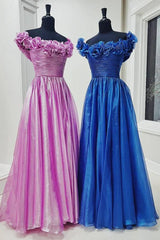 Blue Off the Shoulder A-Line Prom Dress with 3D Floral,AST1238 Blue Off the Shoulder A-Line Prom Dress with 3D Floral,AST1238