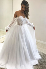 Long A-line Off-the-Shoulder White Wedding Dress with Lace Long A-line Off-the-Shoulder White Wedding Dress with Lace