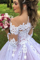 Princess Long Sleeves Illusion Neck A-line Pink Wedding Dress with Lace Princess Long Sleeves Illusion Neck A-line Pink Wedding Dress with Lace