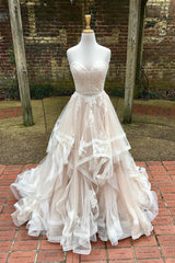 Long Cascading Ruffles A-line Sweetheart Ivory Wedding Dress with Lace Long Cascading Ruffles A-line Sweetheart Ivory Wedding Dress with Lace