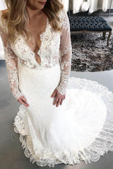 Long Sleeves Mermaid V-Neck Ivory Wedding Dress with Lace Long Sleeves Mermaid V-Neck Ivory Wedding Dress with Lace