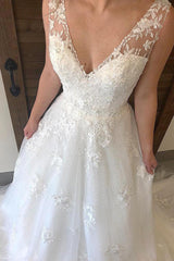 Ivory V-Neck Appliques Long Bridal Gown with Open Back Ivory V-Neck Appliques Long Bridal Gown with Open Back