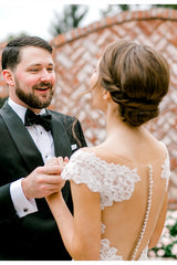 Elegant Sheer Back Cap Sleeves Ivory Wedding Dress Elegant Sheer Back Cap Sleeves Ivory Wedding Dress