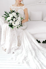 Elegant Sheer Back Cap Sleeves Ivory Wedding Dress Elegant Sheer Back Cap Sleeves Ivory Wedding Dress