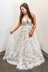 Long A-line V-Neck Floral Appliques White Wedding Dress Long A-line V-Neck Floral Appliques White Wedding Dress