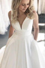 Long Open Back A-line V-Neck White Wedding Dress with Pockets Long Open Back A-line V-Neck White Wedding Dress with Pockets
