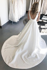 Long Open Back A-line V-Neck White Wedding Dress with Pockets Long Open Back A-line V-Neck White Wedding Dress with Pockets