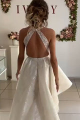 Princess A-line Halter High Low Ivory Lace Wedding Dress with Train Princess A-line Halter High Low Ivory Lace Wedding Dress with Train