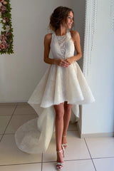 Princess A-line Halter High Low Ivory Lace Wedding Dress with Train Princess A-line Halter High Low Ivory Lace Wedding Dress with Train