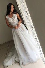 Lace Appliques A-line V-Neck Long White Wedding Dress with Buttons Lace Appliques A-line V-Neck Long White Wedding Dress with Buttons