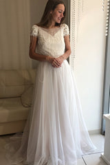 Princess Short Sleeves A-line White Wedding Dress with Lace Top Princess Short Sleeves A-line White Wedding Dress with Lace Top