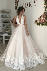 Princess Plunging Neck A-line Long Ivory Wedding Dress with Lace Princess Plunging Neck A-line Long Ivory Wedding Dress with Lace