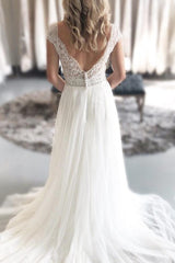 Long Cap Sleeves A-line V-Neck White Wedding Dress with Lace Long Cap Sleeves A-line V-Neck White Wedding Dress with Lace