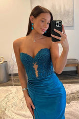 Blue Strapless Lace Beaded Long Dress with Slit Prom Dress,AST1226 Blue Strapless Lace Beaded Long Dress with Slit Prom Dress,AST1226