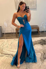 Blue Strapless Lace Beaded Long Dress with Slit Prom Dress,AST1226 Blue Strapless Lace Beaded Long Dress with Slit Prom Dress,AST1226