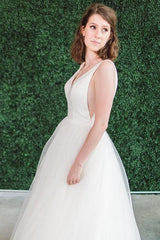 Simple Long V-Neck A-line Ivory Wedding Dress with Zipper Simple Long V-Neck A-line Ivory Wedding Dress with Zipper