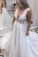 Long Deep V Neck A-line White Wedding Dress with Appliques Long Deep V Neck A-line White Wedding Dress with Appliques