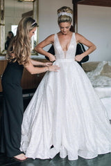 Sparkly A-line Long Deep V-Neck Princess White Wedding Dress Sparkly A-line Long Deep V-Neck Princess White Wedding Dress