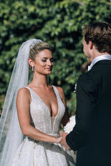 Sparkly A-line Long Deep V-Neck Princess White Wedding Dress Sparkly A-line Long Deep V-Neck Princess White Wedding Dress