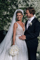 Sparkly A-line Long Deep V-Neck Princess White Wedding Dress Sparkly A-line Long Deep V-Neck Princess White Wedding Dress