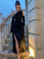 Sexy Mermaid One Shoulder Long Black Slit Prom Dress,AST1231 Sexy Mermaid One Shoulder Long Black Slit Prom Dress,AST1231