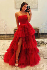 Red Strapless A-Line Tiered Tulle Prom Dress with Slit,AST1229 Red Strapless A-Line Tiered Tulle Prom Dress with Slit,AST1229