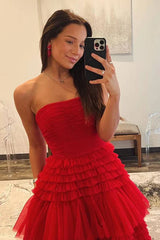 Red Strapless A-Line Tiered Tulle Prom Dress with Slit,AST1229 Red Strapless A-Line Tiered Tulle Prom Dress with Slit,AST1229