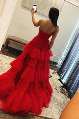 Red Strapless A-Line Tiered Tulle Prom Dress with Slit,AST1229 Red Strapless A-Line Tiered Tulle Prom Dress with Slit,AST1229