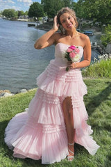 Red Strapless A-Line Tiered Tulle Prom Dress with Slit,AST1229 Red Strapless A-Line Tiered Tulle Prom Dress with Slit,AST1229