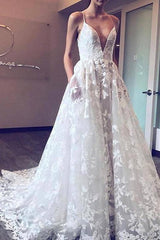 Long Spaghetti Strap A-line White Wedding Dress with Pockets Long Spaghetti Strap A-line White Wedding Dress with Pockets