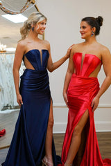 Navy Elegant Mermaid V Neck Satin Slit Prom Dresses Navy Elegant Mermaid V Neck Satin Slit Prom Dresses