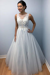 Long Lace-Up Back A-line Light Blue Wedding Dress with Appliques Long Lace-Up Back A-line Light Blue Wedding Dress with Appliques