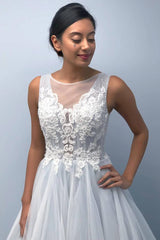 Long Lace-Up Back A-line Light Blue Wedding Dress with Appliques Long Lace-Up Back A-line Light Blue Wedding Dress with Appliques